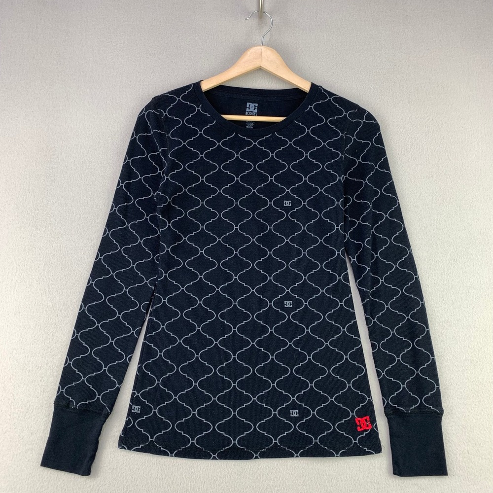DC Shoes Thermal Shirt Women M Black Waffle Knit Long Sleeve Geometric Logo Y2K